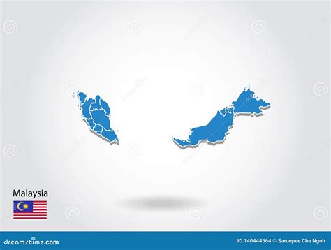 Malaysia Map Design With 3d Style Blue Malaysia Map And National Flag