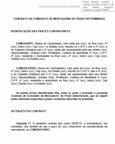 Modelo De Contrato De Comodato De Mercadoria