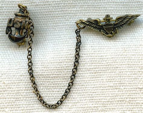 Wwii Sterling Usn Aviator Chained Sweetheart Pin Flying Tiger Antiques