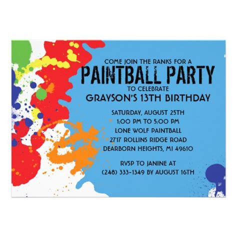 Blue Paintball Splatter Paintball Birthday Party Personalized Invites