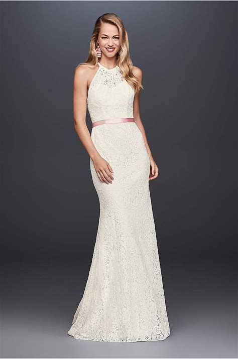 V front and back neckline. Plunging Lace Halter Plus Size Wedding Dress | David's Bridal