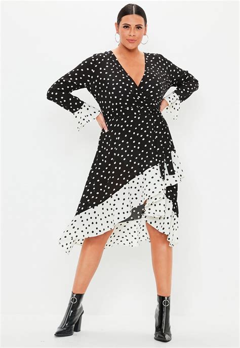 Missguided Plus Size Black Polka Dot Ruffle Wrap Dress
