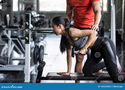 Trainer Coach Dumbbell Exercise To Woman Stock Image Image Of Asian Healthcare 156324093