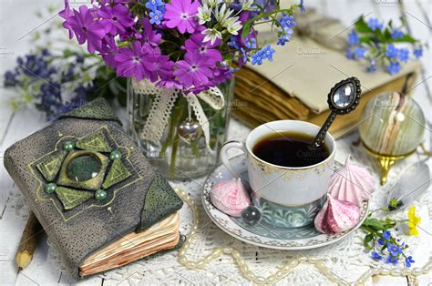 Still Life With Vintage Book And Cup High Quality Stock Photos
