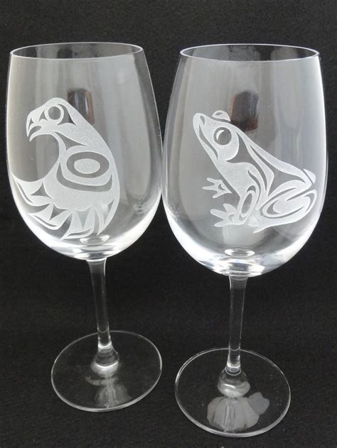 Hand Etched West Coast Native Design Wine Glasses Raven Frog By Coast Salish Artist Lisa