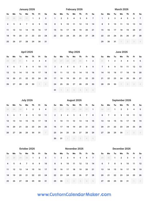 Printable Yearly Calendar 2026 Full Year At A Glance