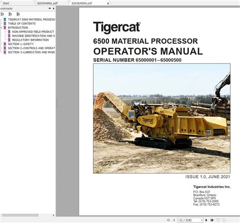 Tigercat Material Processor 6500 6500000165000500 Operator S Manual