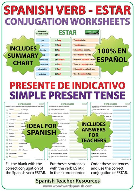 Estar Spanish Verb Conjugation Worksheets Present Tense Spanish