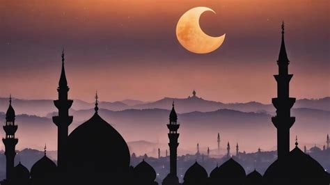 Premium Ai Image Silhouette Dome Mosques And Crescent Moon On Dusk