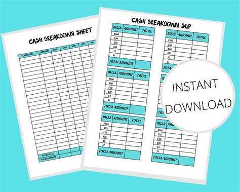 Cash Breakdown Sheet Printable Cash Breakdown Slips Cash Etsy