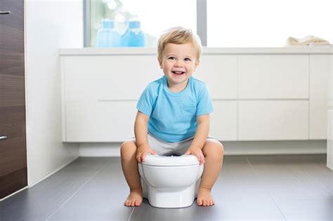 Um Menino De Anos Usando O Banheiro Sentado Em Um Vaso Sanit Rio Branco Aprendendo A Fazer