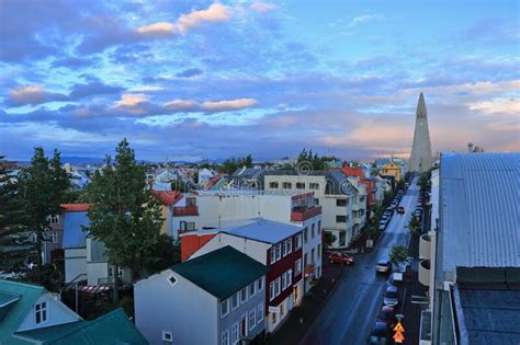 Hallgrimskirkja And Downtown Reykjavik At Sunset Iceland Stock Image