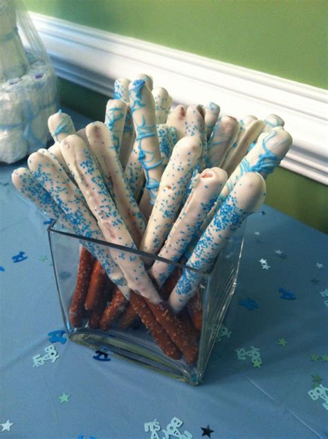 Pretzel Rods With White Chocolate And Blue Sprinkles And Blue Chocolate