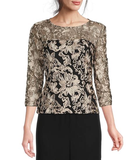 Alex Evenings Illusion Crew Neck 34 Sleeve Embroidered Floral Lace Top
