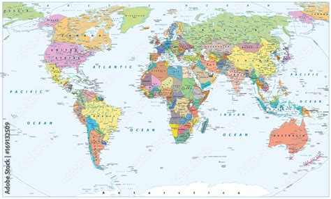 Fototapeta premium Polityczna mapa świata granice kraje i miasta