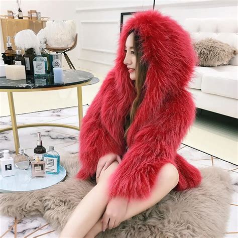 reroyfu real natural fur jackets genuine knitted raccoon fur coats women s hooded fur outerwear