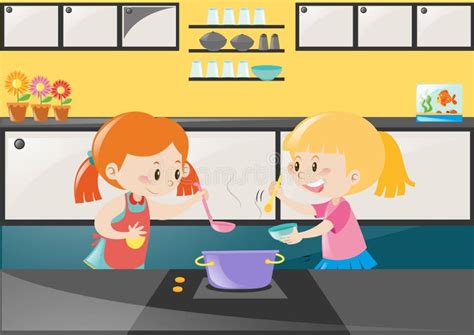 Two Girls Cooking Soup In Kitchen Stock Vector Illustration Of House