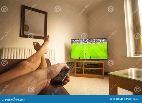 Watching Football On Tv Stock Photo Image Of Kick Knock