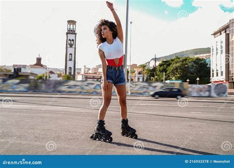 Cheerful Girl On Roller Skates Active And Healthy Lifestyle Concept