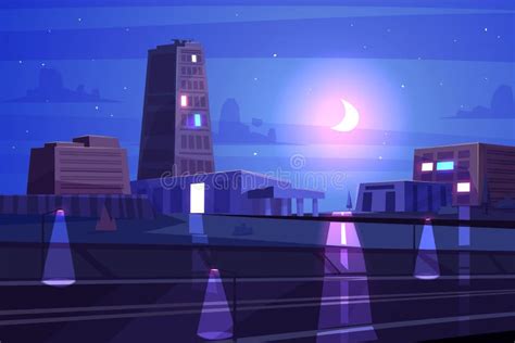 Vector Beautiful Night Cartoon City With Moon Stock Vector