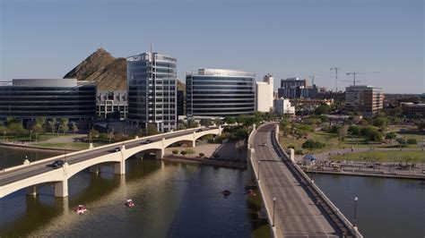 57k Stock Footage Aerial Video Orbiting Waterfront Office Buildings