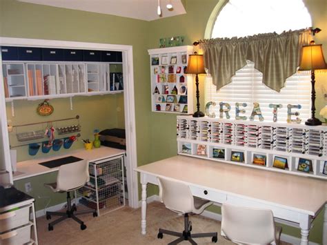 A messy and disorganized craft room. View from the door