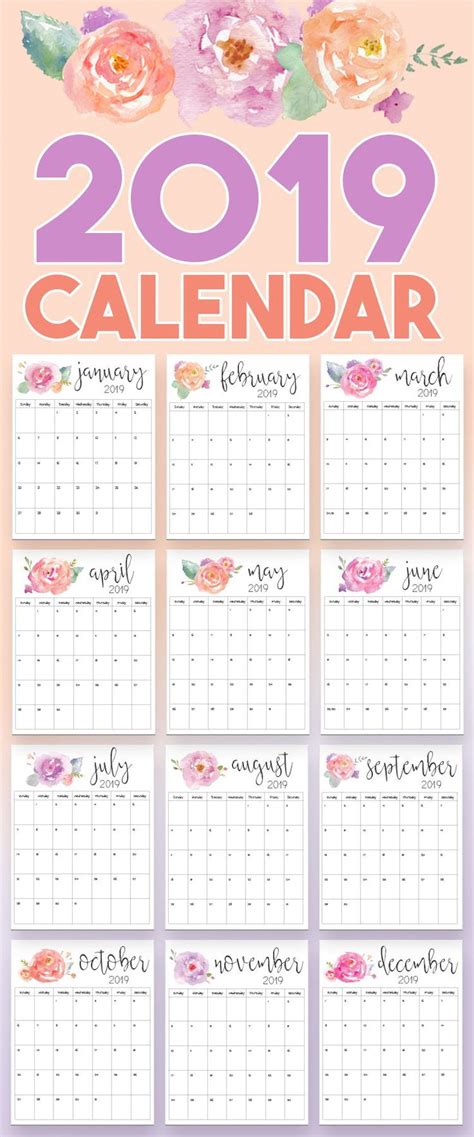 The 2019 Calendar With Watercolor Flowers On It Is Shown In Pink And
