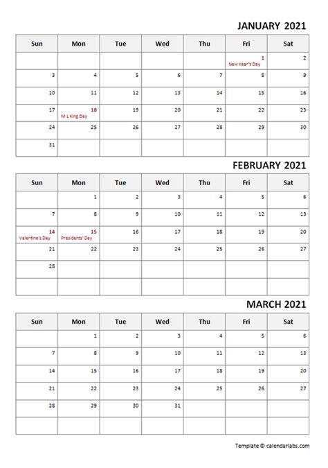 2021 Three Month Calendar Template Free Printable Templates