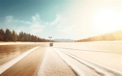 Premium Ai Image A Car Driving On A Snowy Road With The Sun Shining