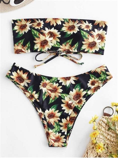 10 Off 2019 Zaful Sunflower Lace Up Reversible Bandeau Bikini Set In