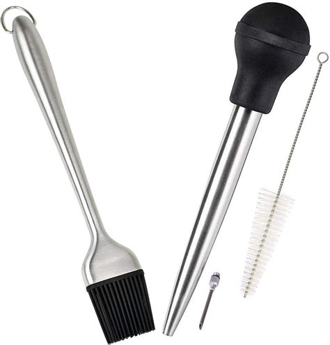 stainless steel turkey baster syringe injector needle with cleaning brush food grade
