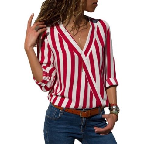 Red White Stripe Long Sleeve V Neck Shirt Red White Stripe Long Sleeve