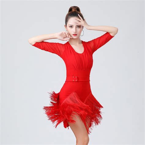 Women Black Red Fringe Latin Dance Dress Modern Latin Dance Costume Cha