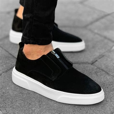 Martin Valen Mens Premium Genuine Leather Zipper Sneakers Black