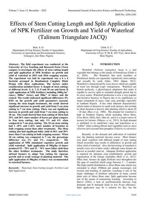 Pdf Effects Of Stem Cutting Length And Split Application Of Npk