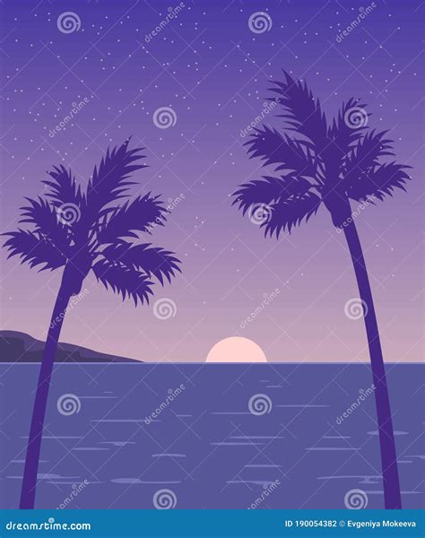 Sunset On The Beach With Palm Trees Silhouettes Stock Vector Illustration Of Paradise Sand