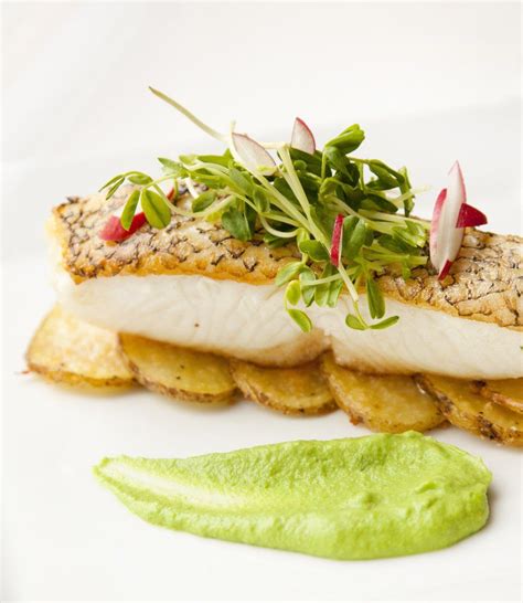 The sea bass is slightly sweeter. Chilean Sea Bass with a Basil Pea Puree | Recipe | Pureed food recipes, Fine dining recipes ...