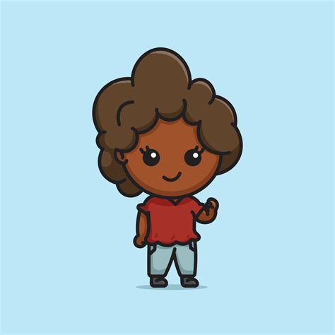 Cute Beautiful Dark Skinned Woman With Frizzy Afro Brown Hair Fist Up Cartoon Character