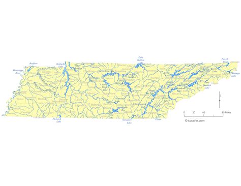 State Of Tennessee Water Feature Map And List Of County Lakes Rivers