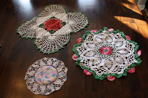 Lot Of 3 Vintage Hand Crocheted Doilies Pink Red Floral By