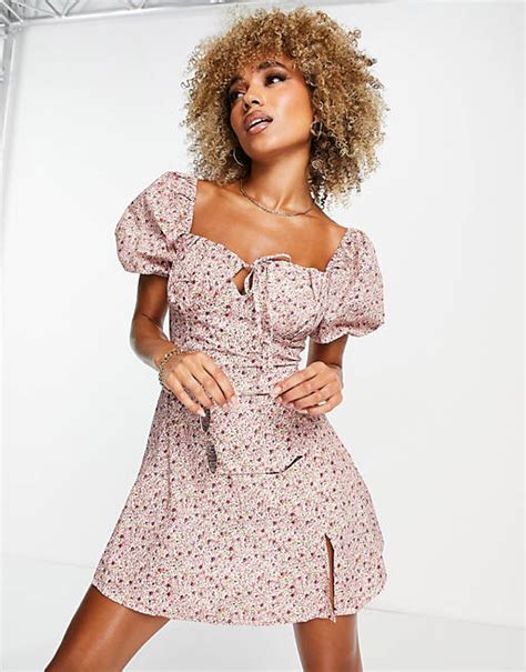 Missguided Milkmaid Mini Dress With Puff Sleeve In Floral Asos