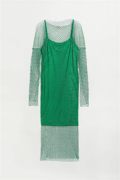 Rhinestone Embellished Mesh Dress Green Ladies Handm Gb