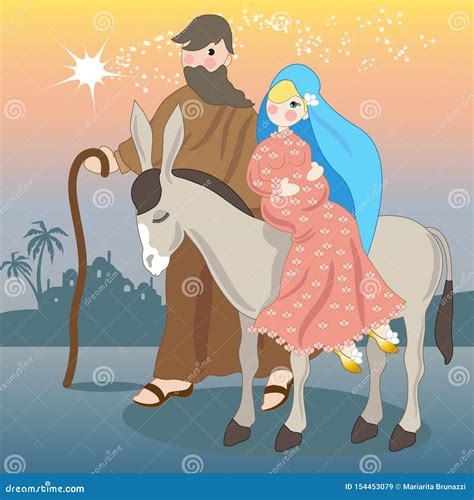 Mary On The Donkey Walks Towards Bethlehem With Joseph Stock Vector