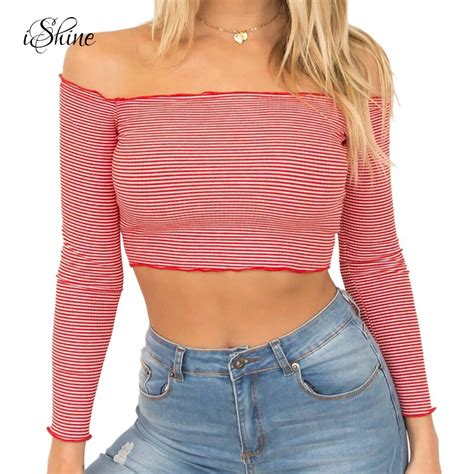 Fashion Women Midriff Baring Knitted Crop Top Sweaters Long Sleeved Slash Neck Off Shoulder