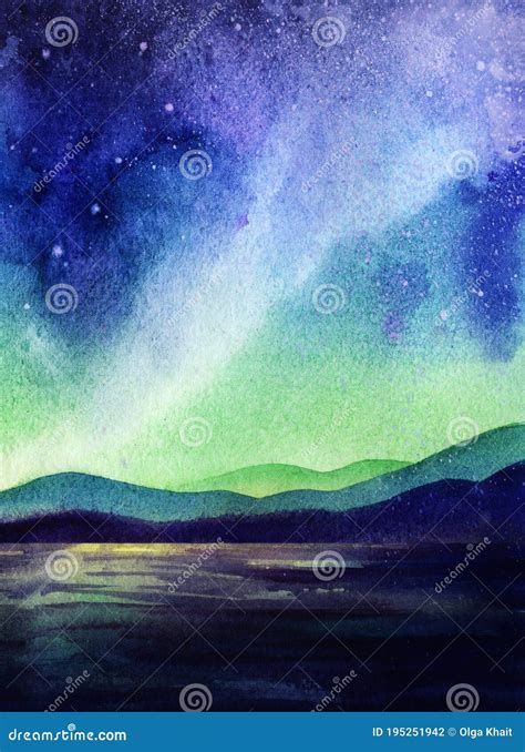 Watercolor Landscape Of Amazing Starry Night With Cloudless Sky Dark
