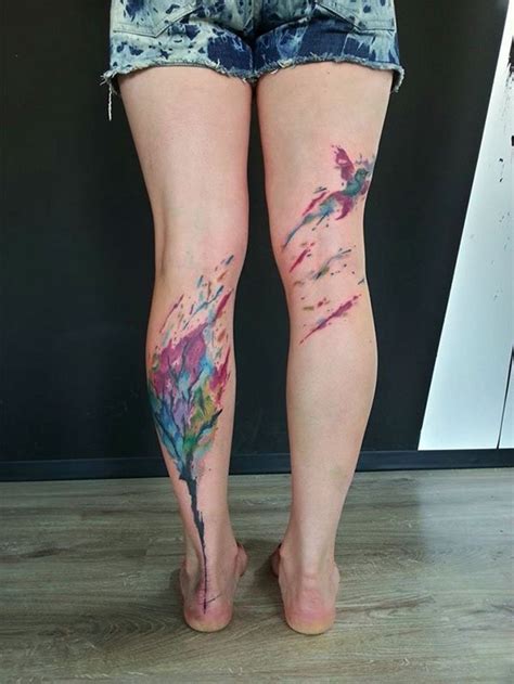 Original Abstract Style Design Multicolored Tree And Bird Tattoo On Both Legs Tattooimages Biz