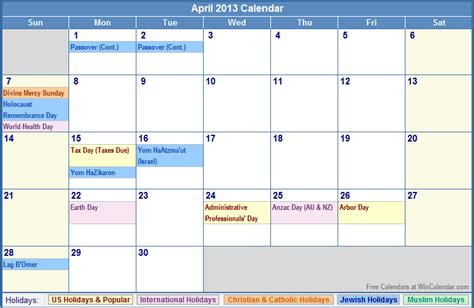 April 2013 Calendar With Holidays As Picture