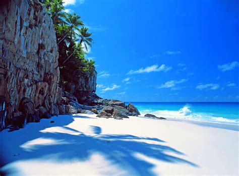 небо остров море океан скалы камни песок пальма пляж обрыв Hd обои для