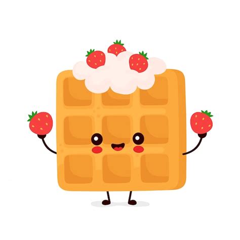 Premium Vector Cute Happy Funny Belgian Waffle With Strawberry