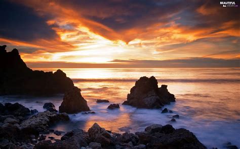 Rocks Great Sunsets Sea Beautiful Views Wallpapers 1680x1050